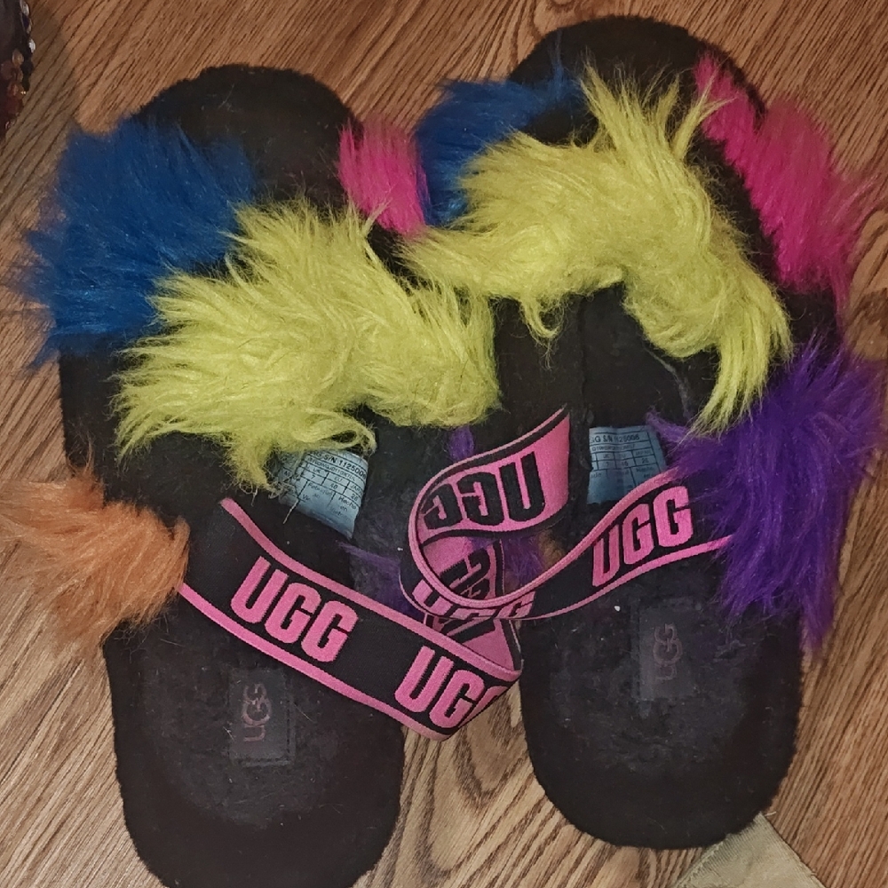 UGG Multicolor Fluffy Slippers with Pink Strap